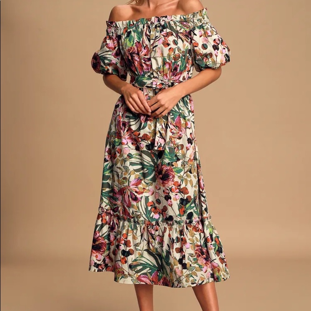 Lulus Floral Print Off-The-Shoulder Midi Dress S